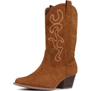 Women Brown Suede Mid Calf Chunky Block Heel Western Embroidered Fashion Boot